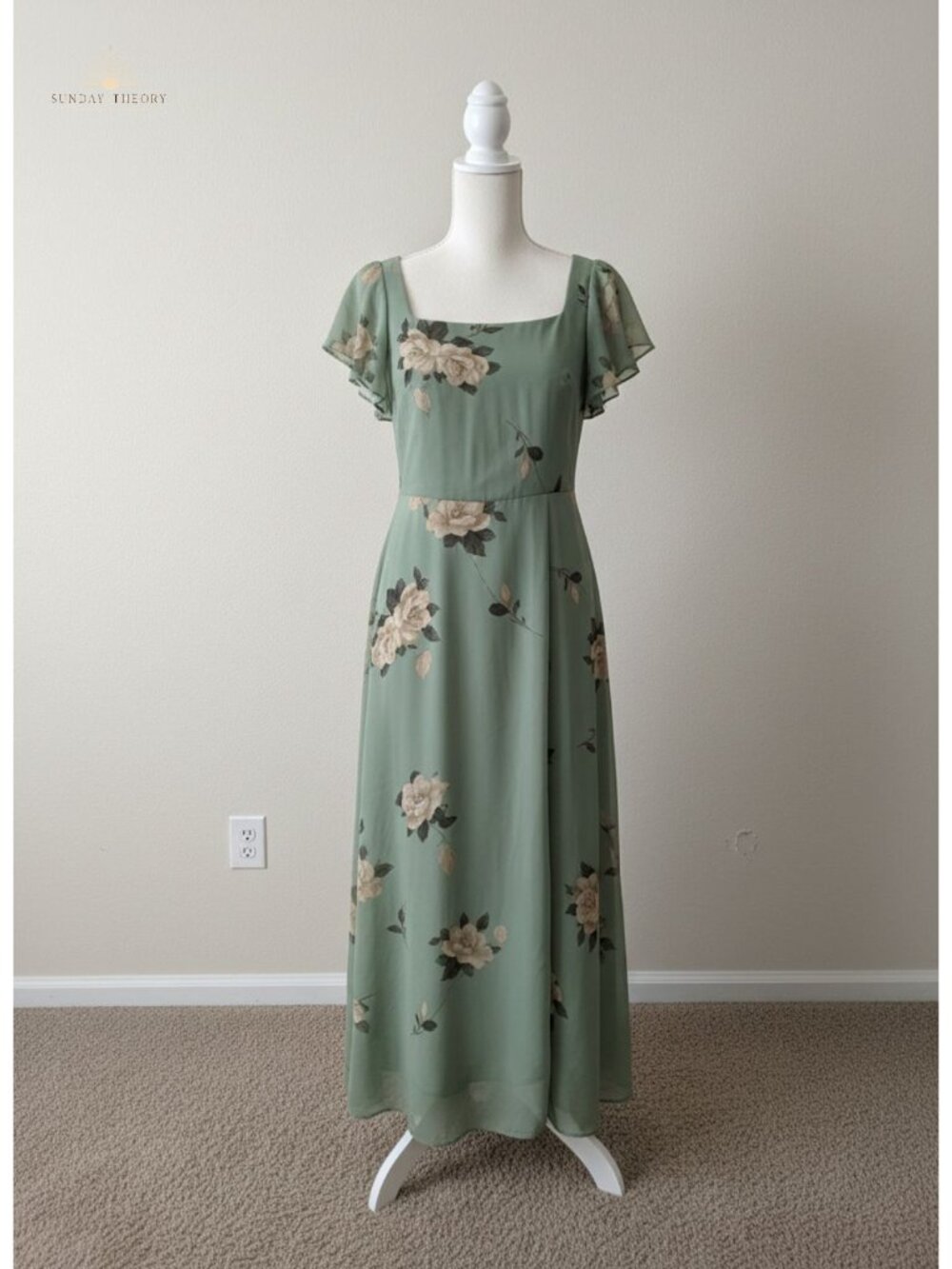 Floral Tulle Ruffle Sleeve Square Neck Midi Dress Wedding Guest